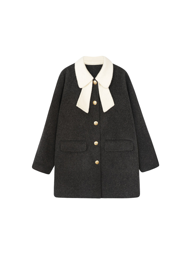 Dark wool coat with white collar and gold buttons on a white background