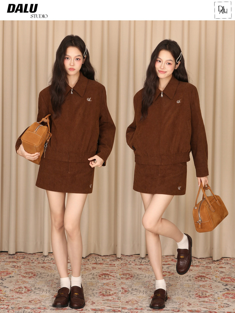 Brown long-sleeve skirt set worn by a model with a matching handbag and loafers