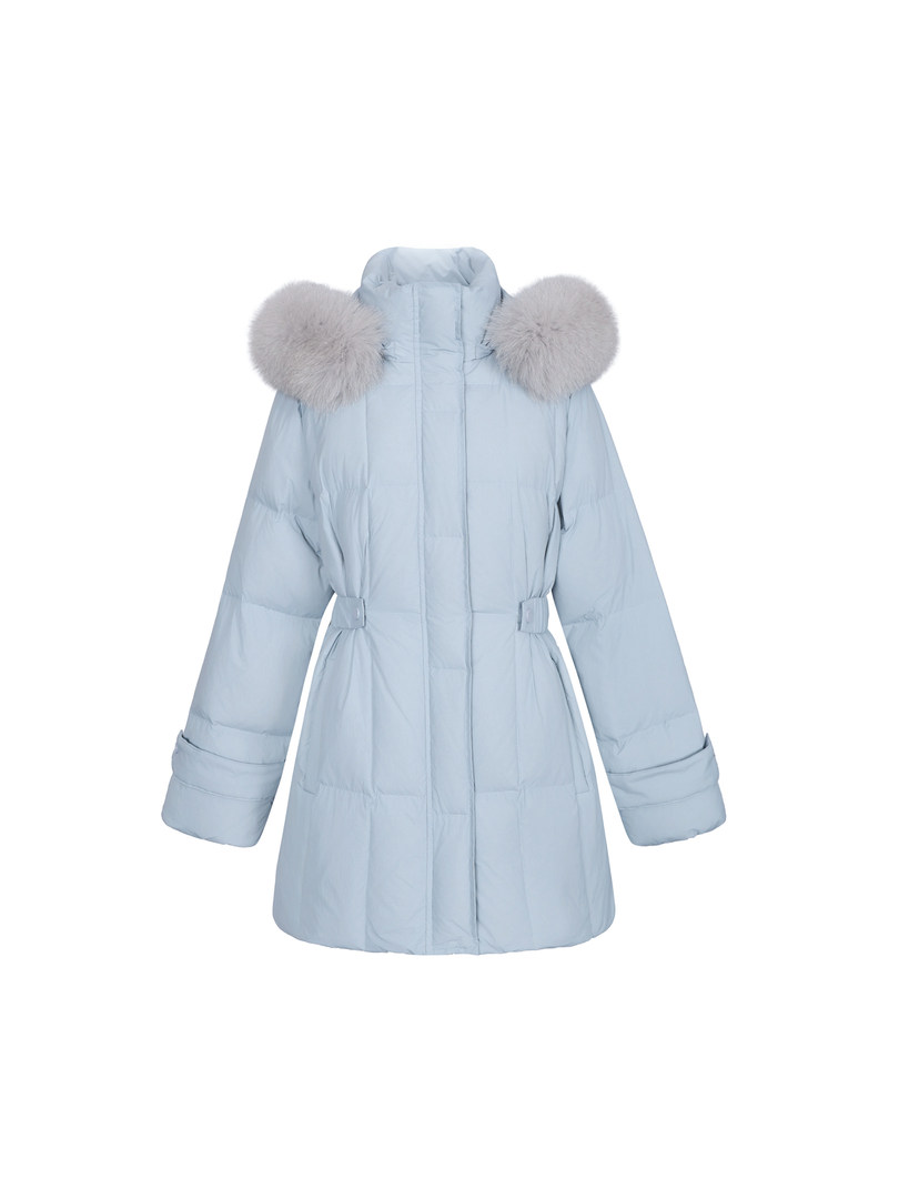 Light blue puffer coat with fur-trimmed hood on white background