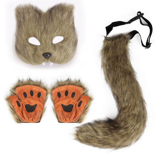 万圣节套装仿真狐狸面具手套毛绒狐狸尾巴手作兽尾cos道具批发