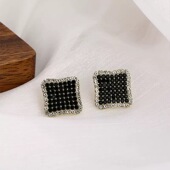 128黑金方块满钻耳钉女复古奢华黑钻镶嵌金边白钻包边气质耳饰