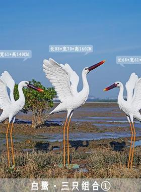 室外仿真仙鹤雕塑水景池塘白鹤装饰假山花园售楼部玻璃钢白鹭摆件