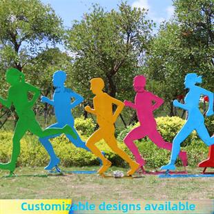 不锈钢运动自行车人物轮廓抽象跑步校园运动自行车公园几何雕塑