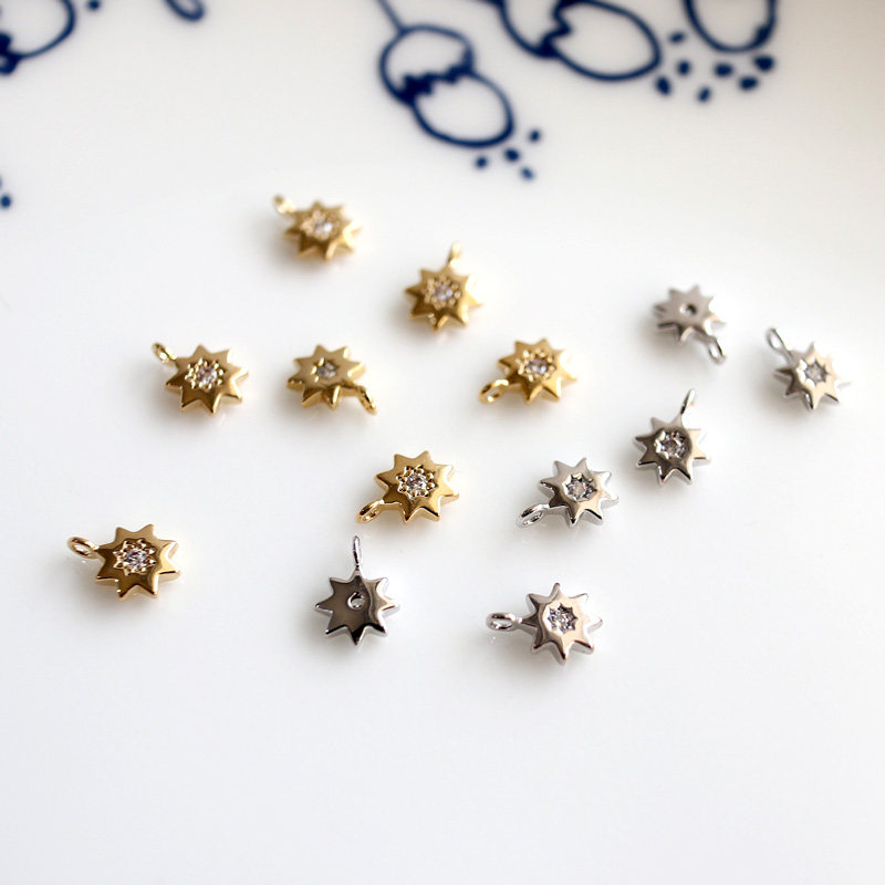 进口注金k金吊坠配件八角星带钻小星星坠子 diy手链项链手工材料