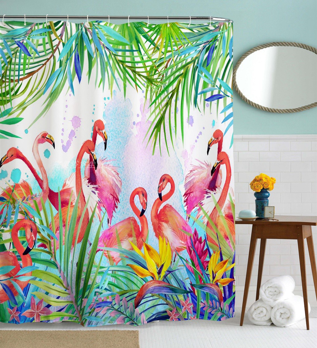 水彩火烈鸟 数码印花涤纶布防水防霉浴帘 隔断帘浴室防水帘 垂感