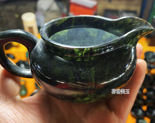 正品天然祁连山黑绿玉公道杯墨绿玉茶具玉石保健养生分茶壶分酒器