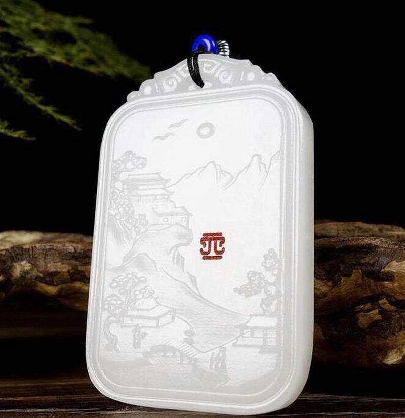 天然羊脂级白玉山水意境牌子阿富汗玉石吊坠无事牌山水挂坠项链坠