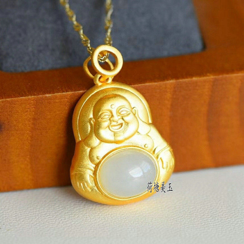 天然和田玉白玉弥勒笑佛吊坠男女款 925银镶玉玉佛挂件玉坠包邮