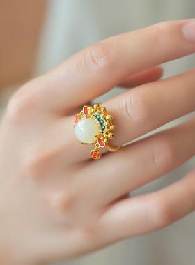 天然和田玉戒指女s925纯银古法