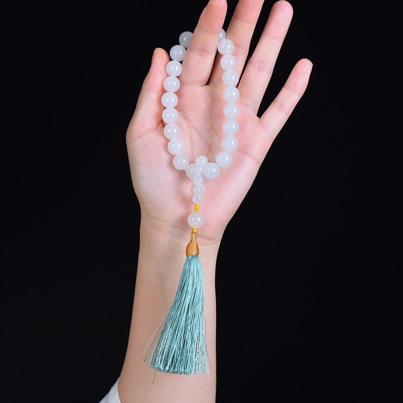 手捻天然玉石古风女白玉念珠手持