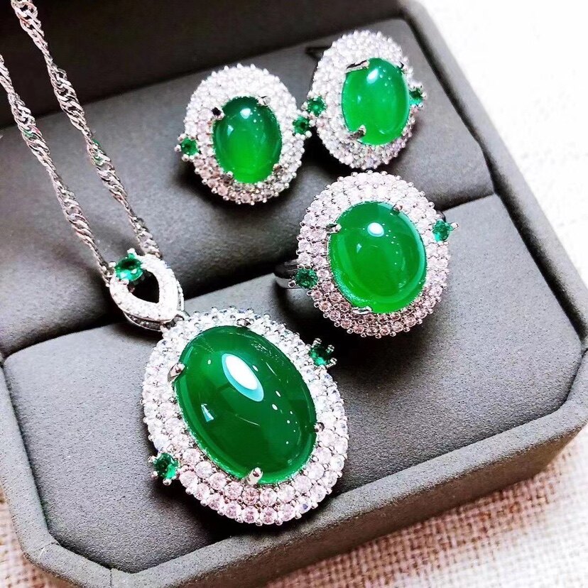 天然玛瑙高冰绿玉髓925银镀金镶嵌戒指耳饰项链三件套装女宝石