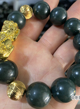 天然貔貅男女款青玉佛珠皮丘手链