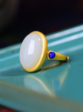 天然和田玉白玉蛋面戒指925银镶