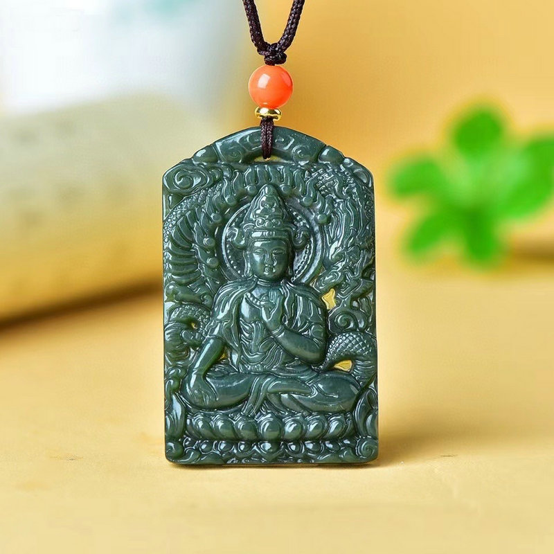 和田玉青玉坐莲观音吊坠新疆玉石柳枝净瓶观音挂件玉坠玉石牌子