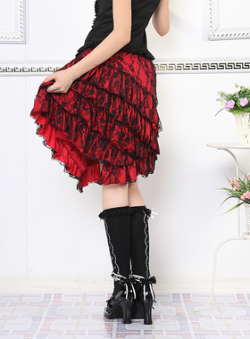 新款GLP黑红拼接网纱层次荷叶边裙摆不规则长裙61208 中裙
