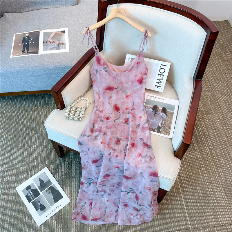 实拍 干枯玫瑰色系 莫奈花园连衣裙修身显瘦花色裙子 长款/短款