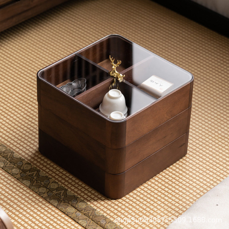 胡桃实木可叠加带盖干果收纳盒中式零食瓜子水果盘客厅茶具收纳盒