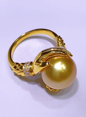 南洋金珠戒指正圆极强光天然海水珍珠镀金镶嵌锆石个性