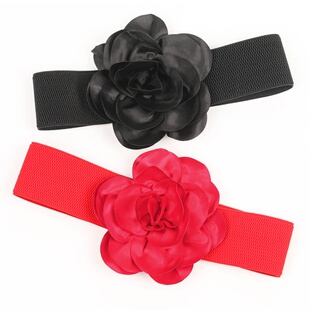 跨境弹力松紧宽腰带女欧美夸张大花朵装饰裙子腰封腰饰红色饰品