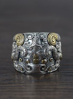 霸气兽面纹纯银戒指古风复古国风