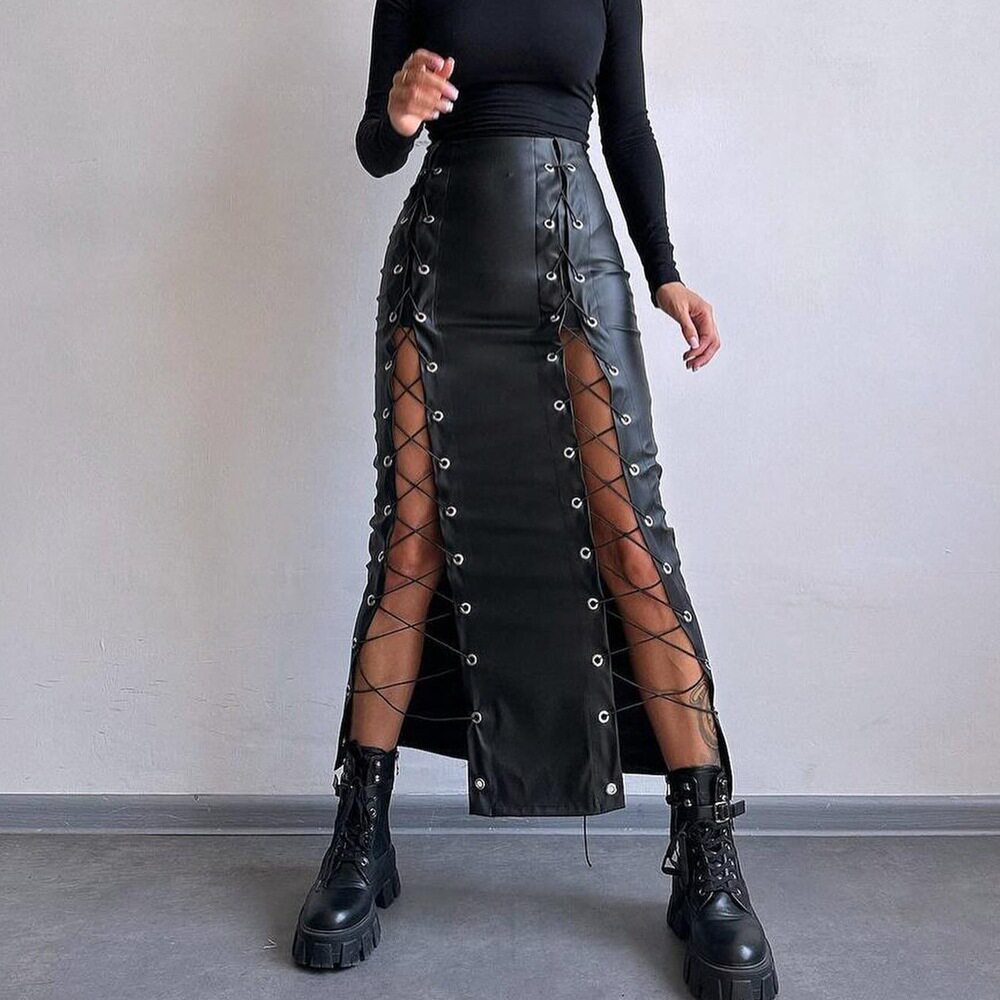 欧美女装2026春季PU皮革性感纯色开叉系带包臀半身裙显瘦半裙