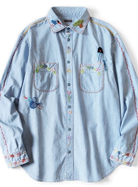 【官网折扣】KAPITAL JAPA日系牛津纺刺绣翻领长袖衬衫外套平田