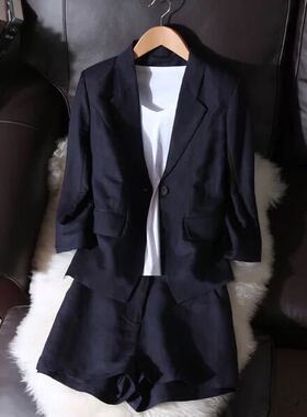 胖MM极简商务风亚麻西装套装女2026夏季薄款藏蓝色显瘦大码两件套