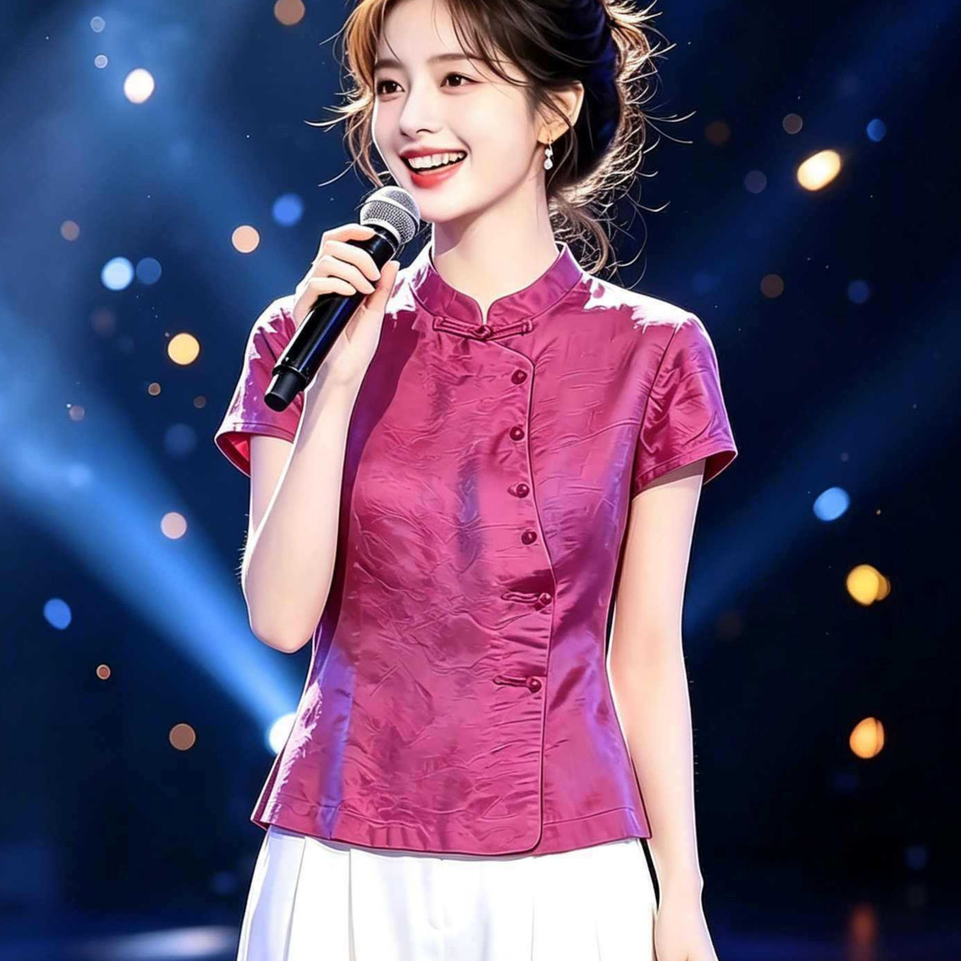 新中式国风立领盘扣衬衫女款2026夏季新款玫粉色正肩短袖旗袍上衣图片