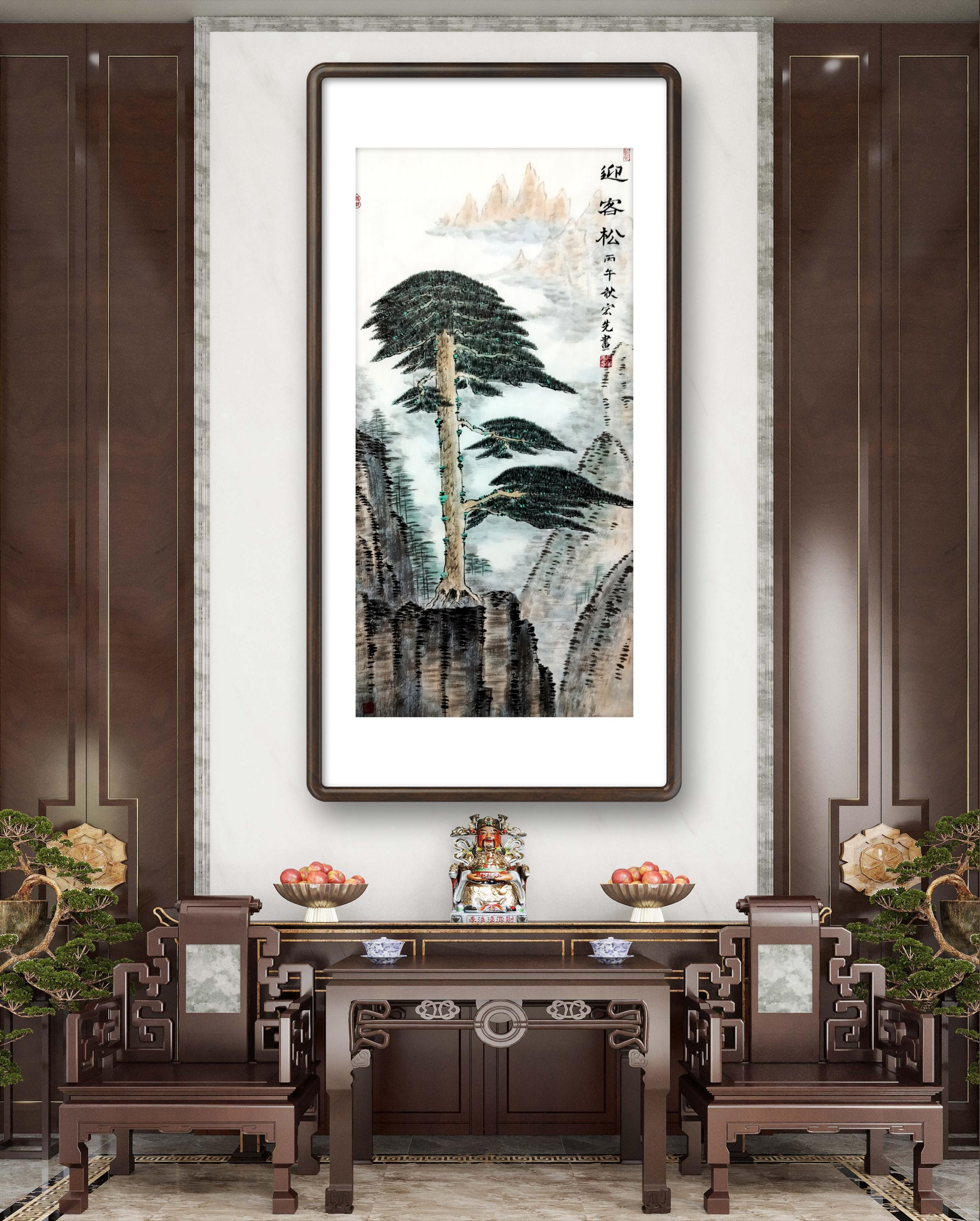 纯手绘国画山水画迎客松竖幅画心客厅餐厅玄关沙发装饰画原创真迹