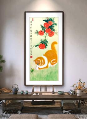 纯手绘万事如意吉猫国画柿子工笔橘猫蝈蝈图中式客厅吉祥花鸟挂画