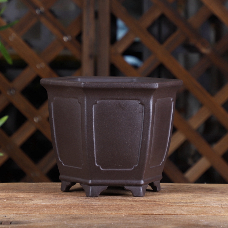 宜兴紫砂花盆WZ03#窗面六方绿植盆景桌面中国风简约室内正品