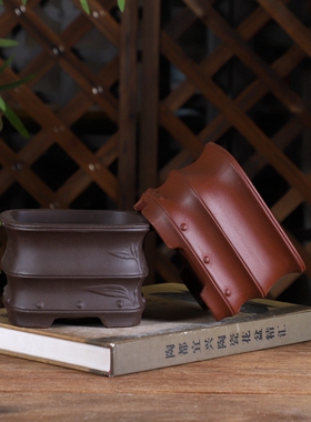 宜兴紫砂小花盆WZ22#竹节四方绿植盆景桌面中国风简约室内桌面