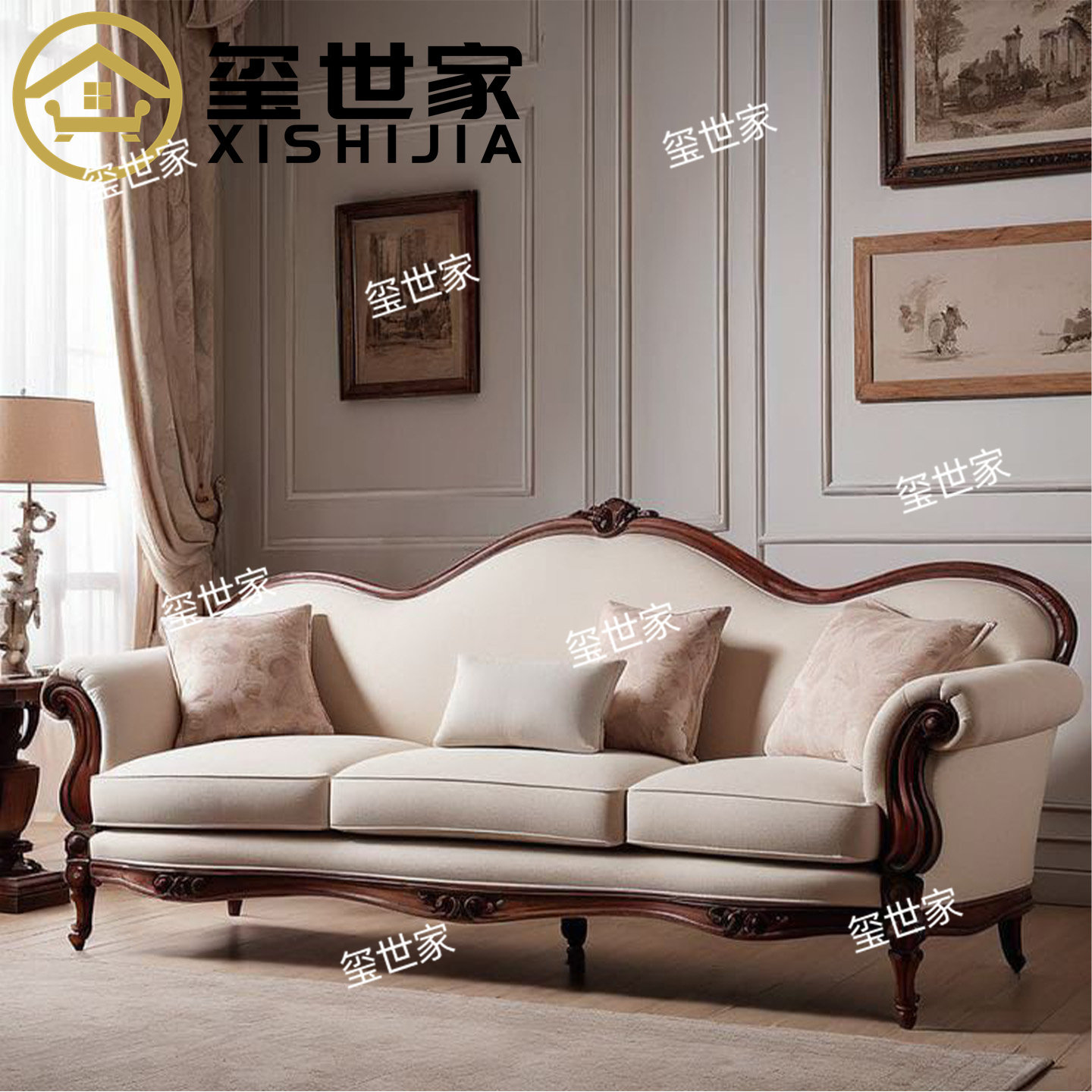 玺世家 美式复古雕花实木沙发 米白色三人沙发 绒布沙发 客厅家具