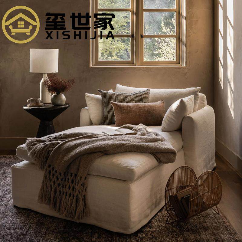 玺世家美式布艺沙发亚麻布贵妃椅北欧极简风单人沙发躺椅客厅家具