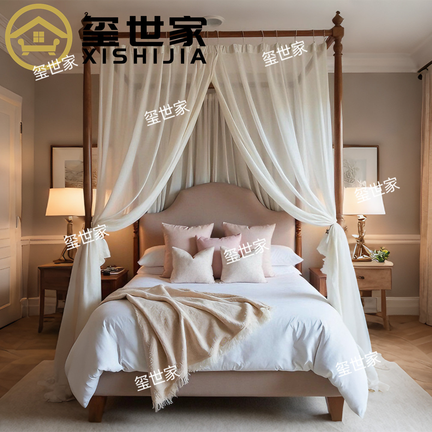 玺世家 美式复古四柱实木床 双人床 白色纱帘幔帐床 高级质感大床