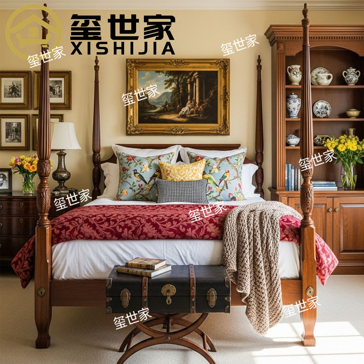 美式复古实木四柱床双人床桦木