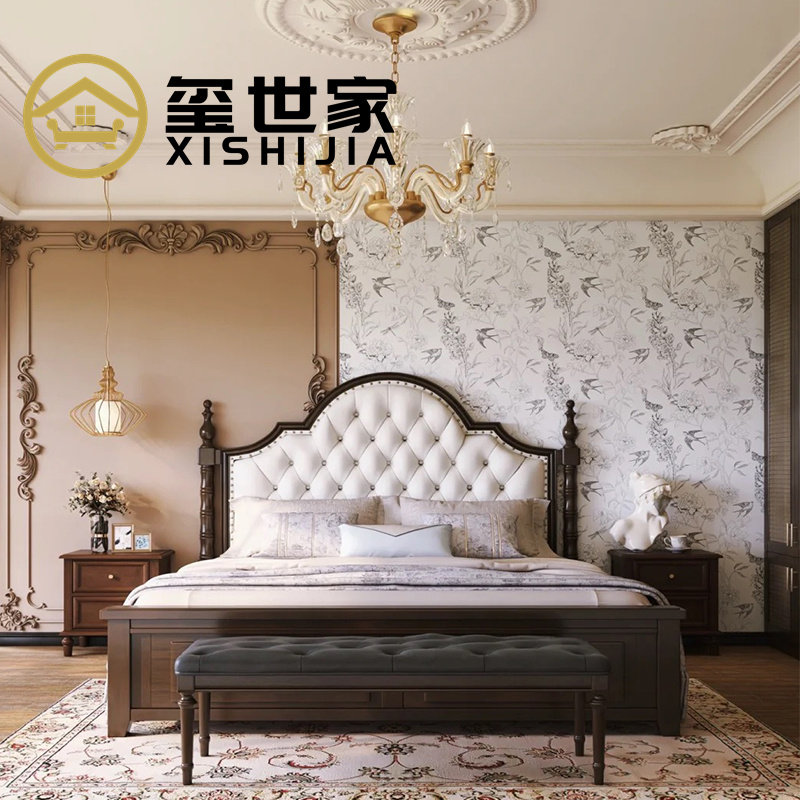 美式乡村实木皮艺软靠双人床欧式现代主卧高背拉扣大床婚床可定制