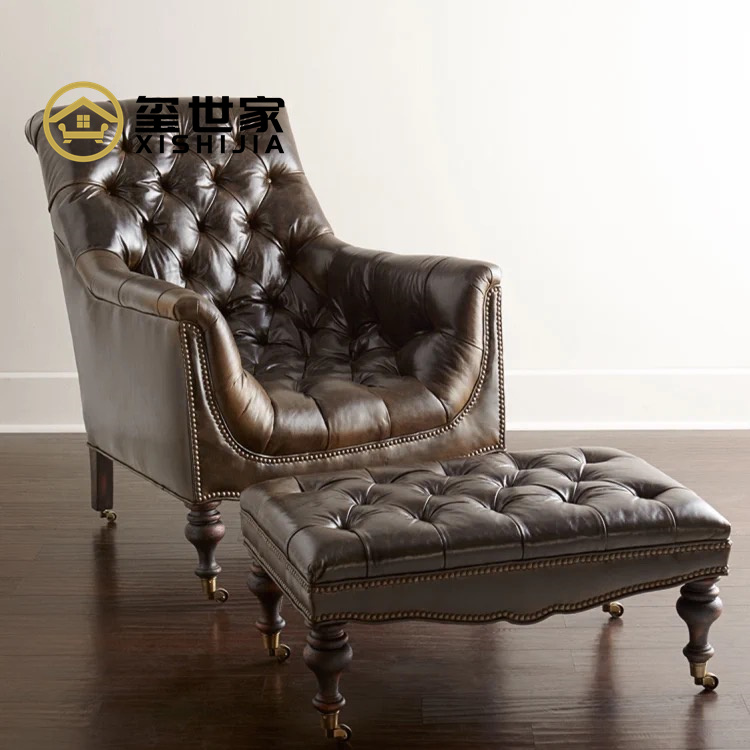 美式乡村客厅休闲椅实木老虎椅单人复古沙发 法式现代拉扣沙发椅