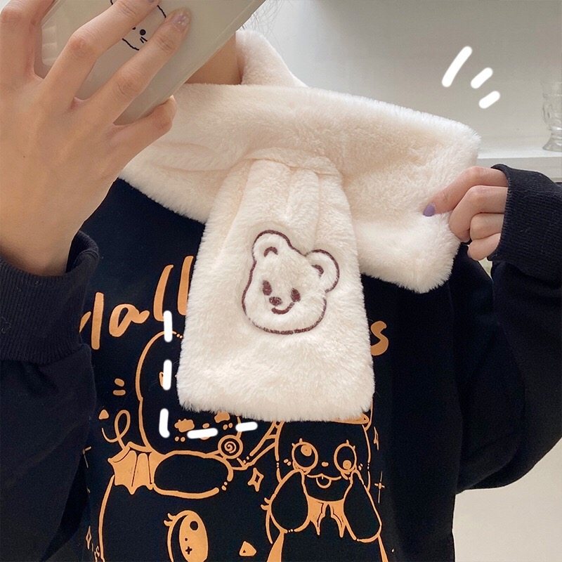 ins小熊头少女毛绒绒交叉围巾