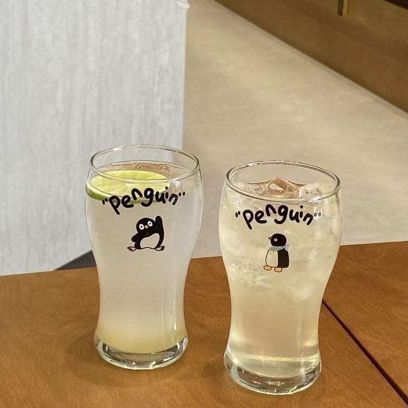 小众可爱企鹅果汁杯ins复古啤酒杯夏季大容量大肚喝水杯子玻璃杯