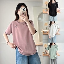 大橘子大码胖mm显瘦明线减龄刺绣圆领T恤女夏季韩版宽松遮肚上衣