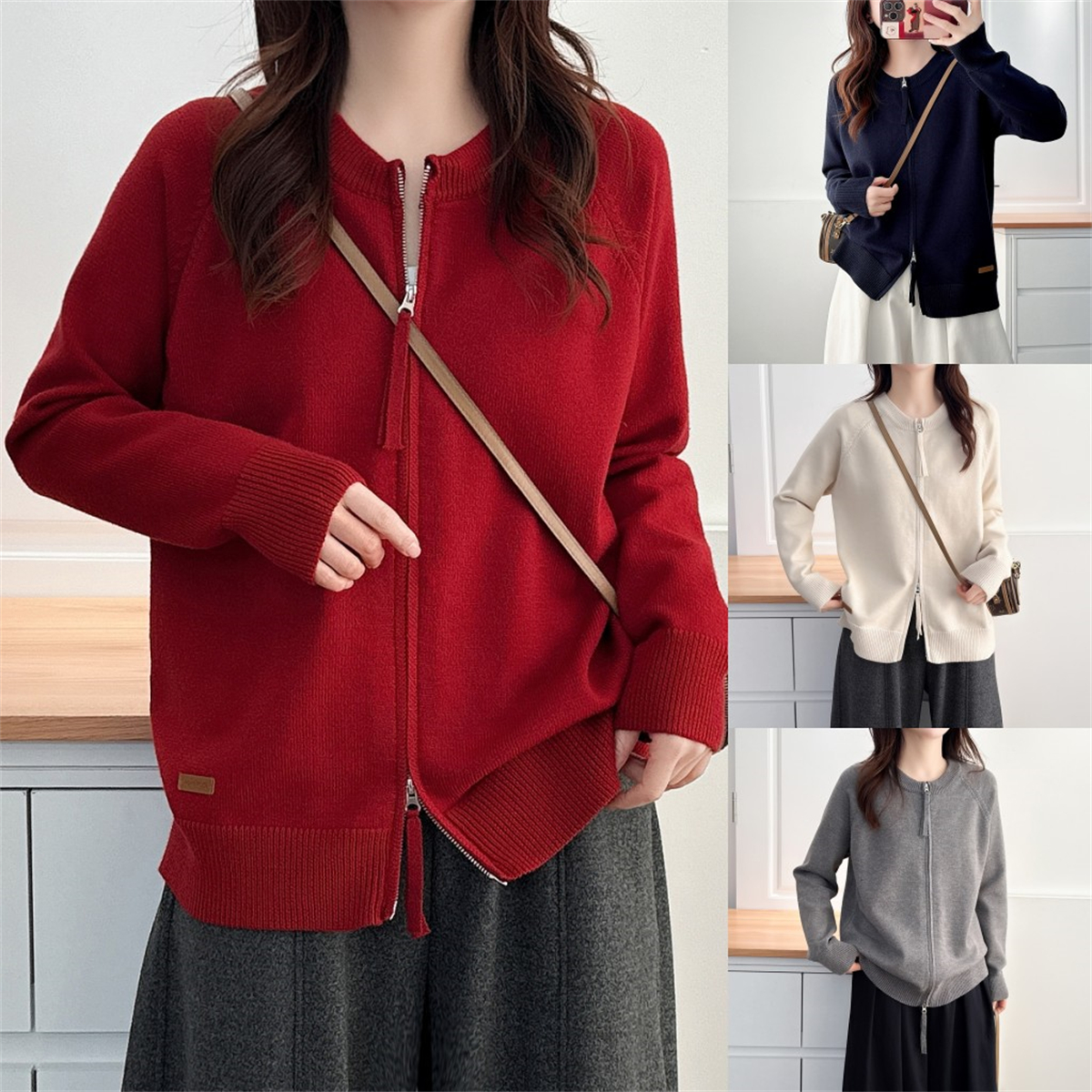 韩版宽松长袖针织衫双拉链开衫