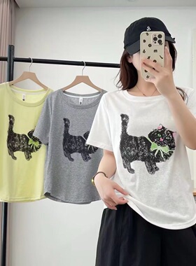 大码胖mm韩版百搭显瘦蝴蝶结猫咪印花T恤女夏季新款休闲上衣5116