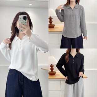 洋气百搭三粒扣翻领显瘦长袖 遮肚子胖mm秋新款 T恤潮2558 女装 大码