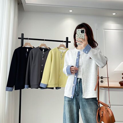 大码女装遮肚子秋装新款韩版圆领拼接格子假两件开衫休闲外套2566