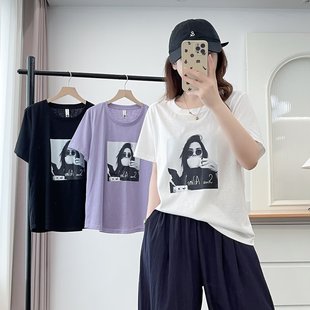 T恤女设计感美女印花圆领半袖 大橘子大码 宽松短袖 夏季 上衣ins 新款