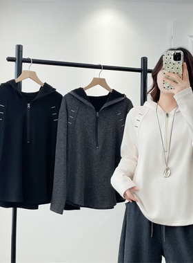 大码胖mm秋冬时尚休闲百搭连帽刺绣慕斯绒打底衫减龄长袖上衣8645