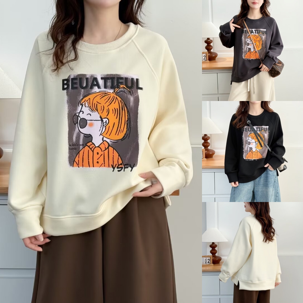 大码女装遮肚子冬季卡通印花加厚卫衣宽松百搭减龄百搭上衣2575