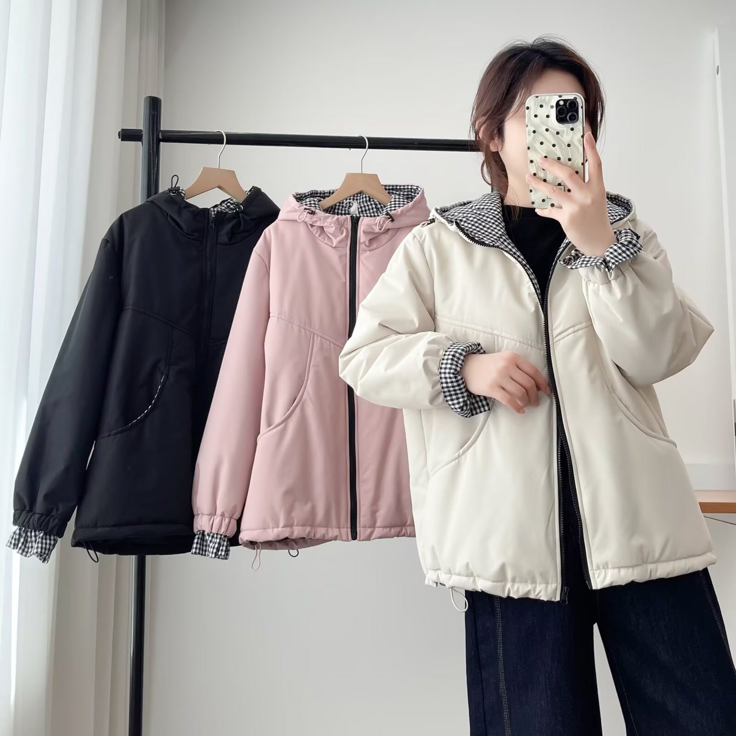 韩系休闲袖口格纹三防连帽棉服