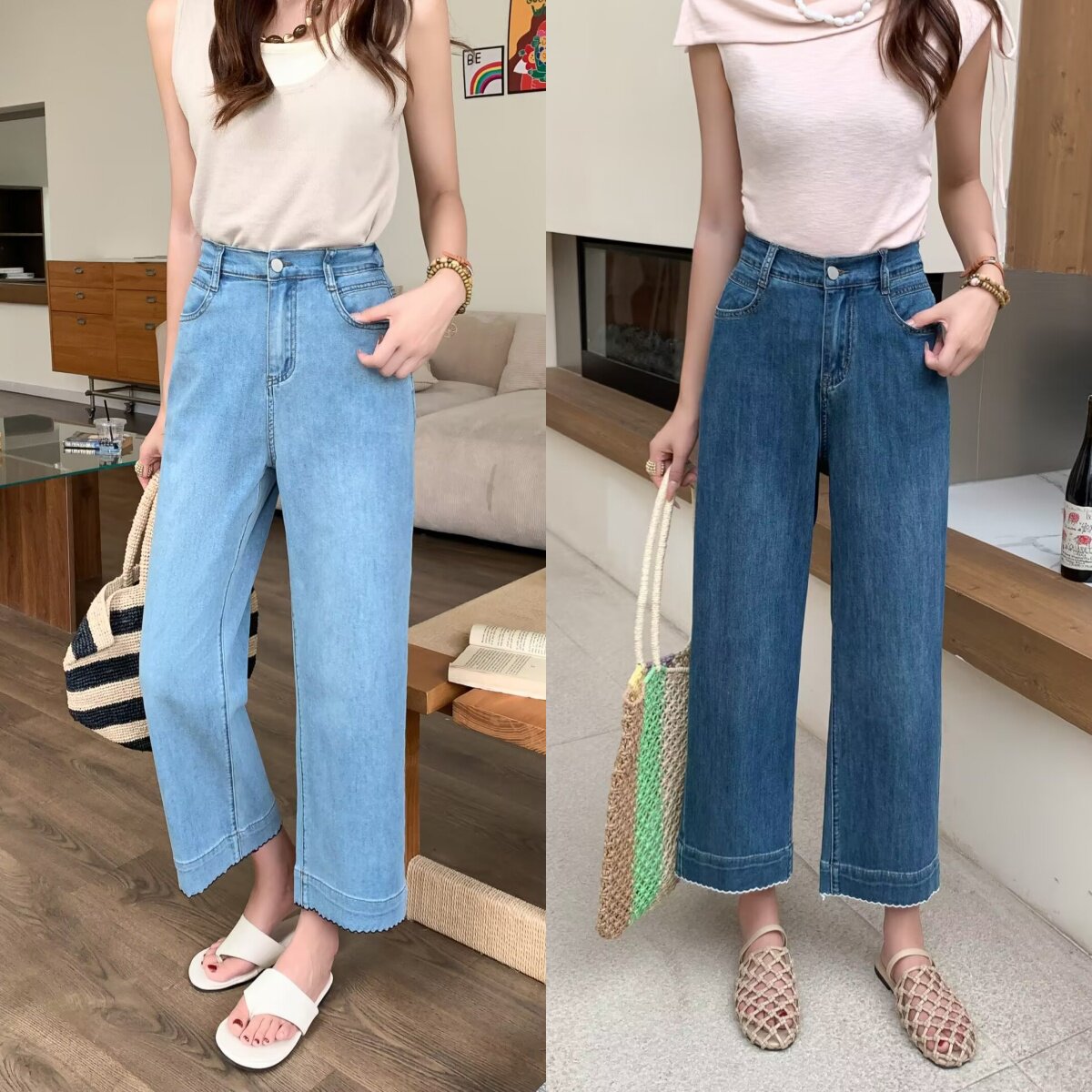 复古高腰显瘦绣花边直筒牛仔裤女